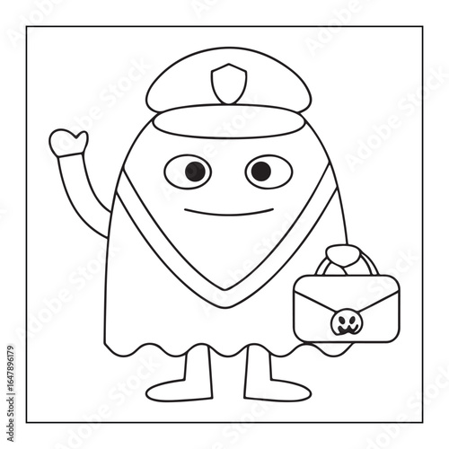 Cartoon ghost dressed as a postman holding a mailbag halloween cute