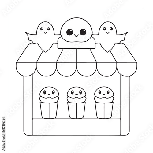 Outline drawing of a Halloween stall with ghosts and cupcakes booth shop