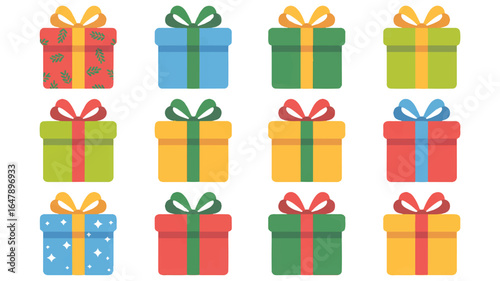 Twelve colorful gift boxes with ribbons and bows presents blue