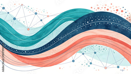 Abstract watercolor waves with geometric network connections and dots image
