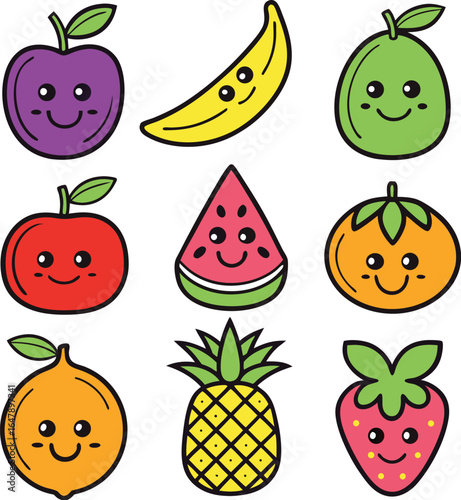 Assortment of happy kawaii cartoon fruits cute illustration