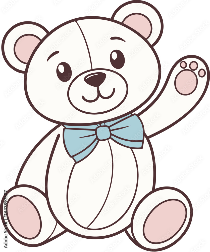 Fototapeta premium Cute white teddy bear waving with blue bow tie stuffed animal