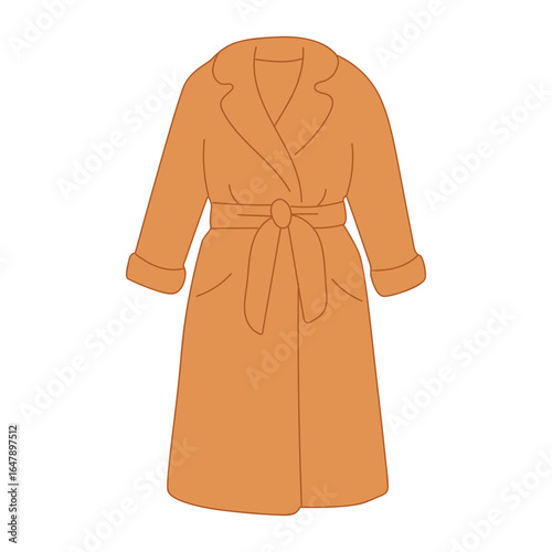 An illustration of a cozy orange bathrobe with a belt. The robe features a collar and long sleeves, suitable for relaxation and comfort at home.