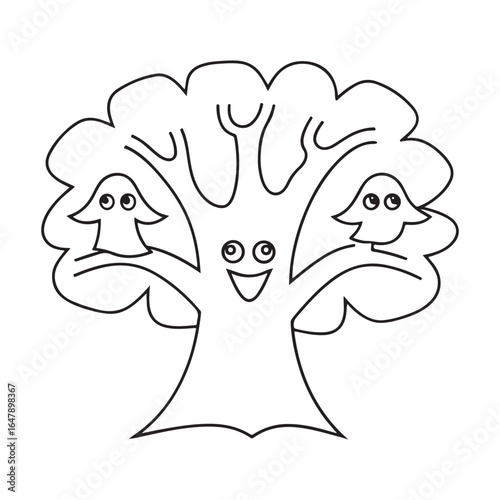 Happy anthropomorphic tree with two friendly ghosts perched on its branches halloween