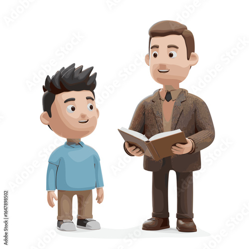 Teacher teaching student, 3D Cartoon style illustration, White Background