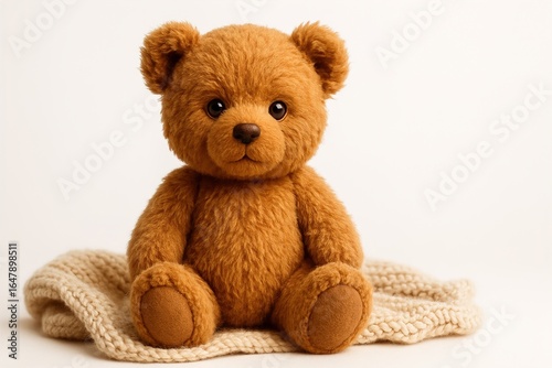 A teddy bear sitting on a cozy knitted blanket, fur texture appearing soft and touchable 