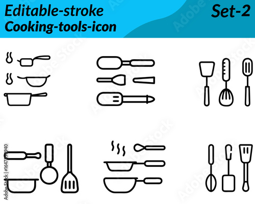 Cooking-tools icon in a clean vector style, featuring essential utensils like spatula, whisk, knife and ladle symbolizing kitchen equipment and food preparation. Perfect for recipe apps cooking blogs.