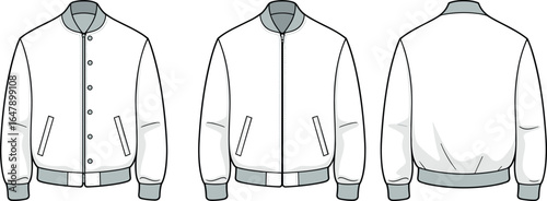 CAD drawing flat vector illustration of bomber jacket with front and back view, fashion outerwear template, varsity style clothing design
