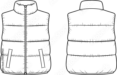 CAD drawing flat vector illustration of puffer vest, front and back view, quilted winter outerwear design, sleeveless padded jacket