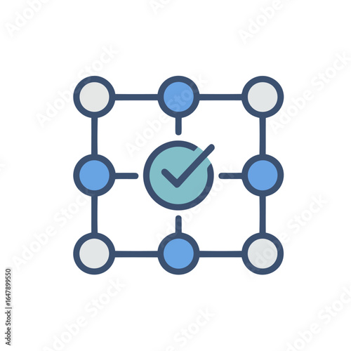 Completed Process with a Checkmark and Interconnected Nodes for Task Management and Workflow