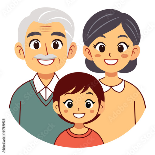 Joyful multigenerational family happy grandparents and grandchild cartoon illustration on white.