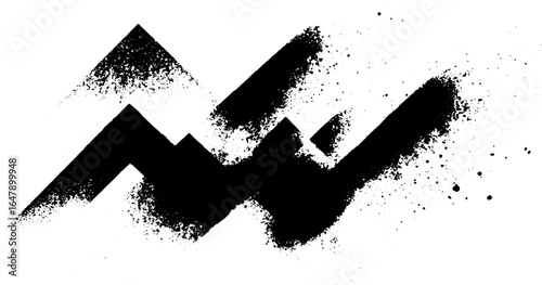 Mountain silhouette with ink splatter and grunge texture forms an abstract shape. Modern black and white vector illustration with minimal style.