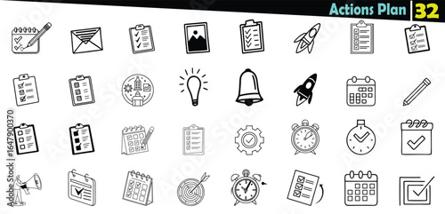 Collection of black and white hand-drawn icons representing planning and action items checklist