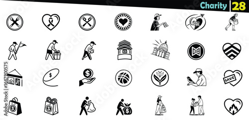 Collection of black and white icons depicting charity and donation activities giving helping