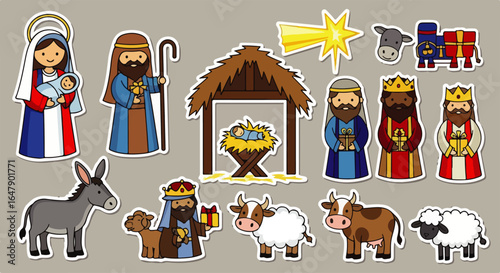 Colorful Cartoon Nativity Scene with Various Characters