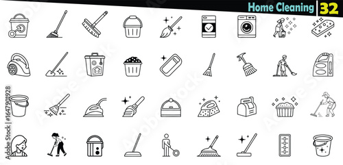 Collection of black outline icons depicting home cleaning tools and activities house hygiene