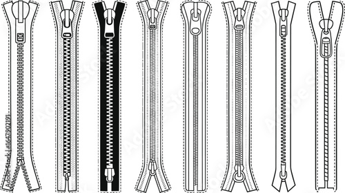 CAD drawing flat vector illustration, assorted zipper types collection, metal and plastic teeth styles, front view, fashion hardware technical sketch