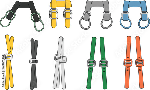 CAD drawing flat vector illustration, colorful adjustable straps and buckles set, accessory design elements, fastening hardware, fashion and gear components