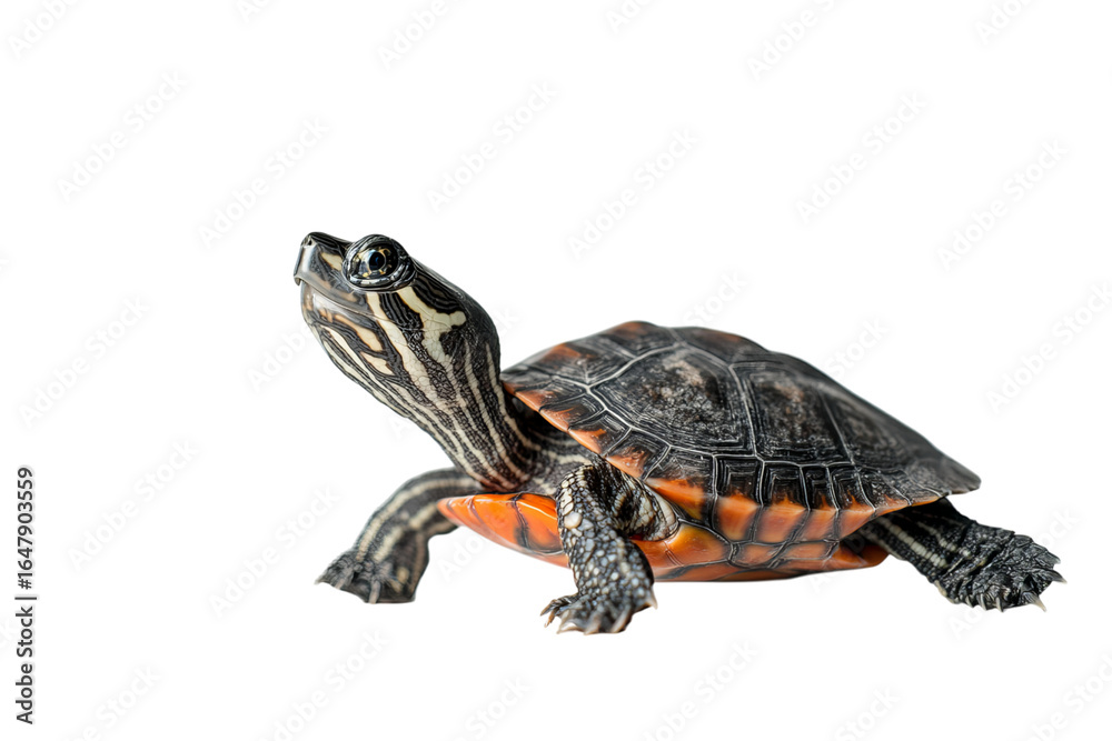 Naklejka premium A close-up of a western painted turtle with a vibrant shell and striking markings, gazing curiously.