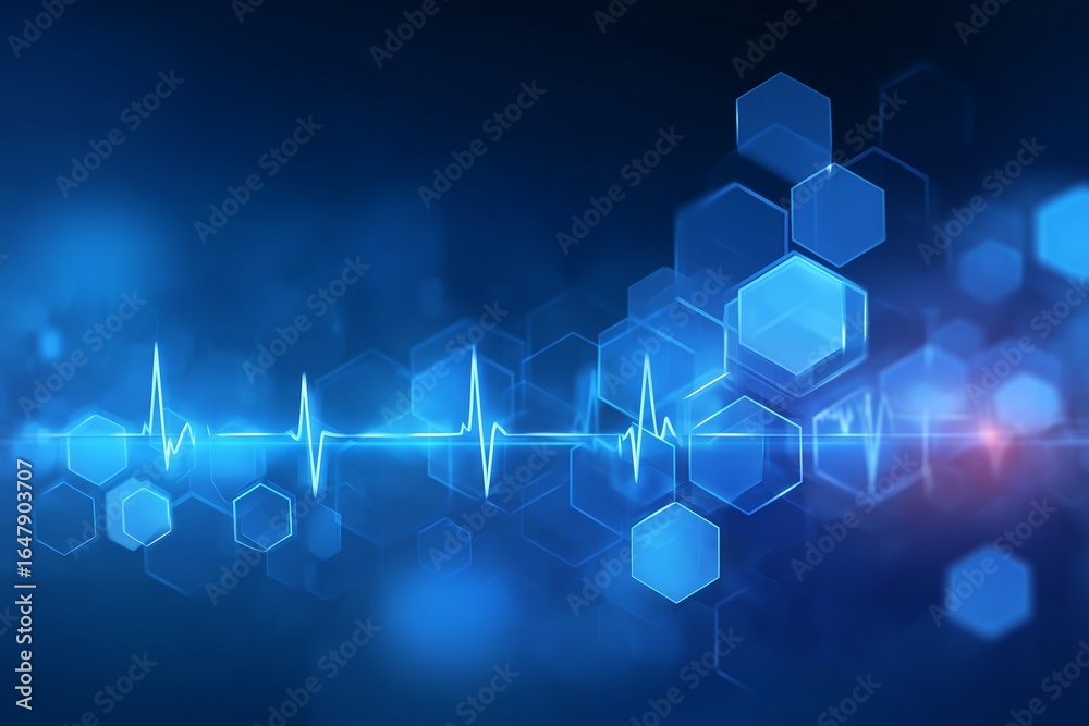 Obraz premium Blue digital background with pulse wave and hexagonal shapes.