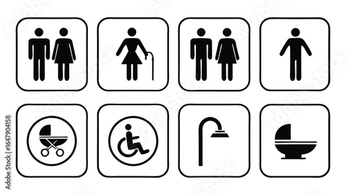 Collection of eight black and white pictograms including people gender symbols disabled access baby stroller shower and toilet