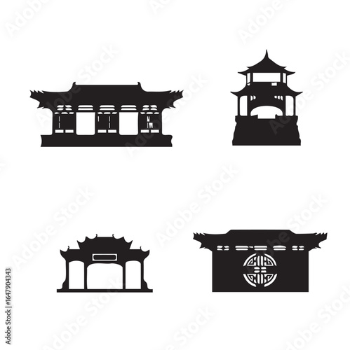 Silhouette Chinese architecture shape set on isolated
