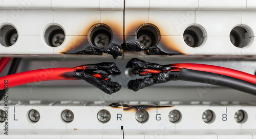 Burnt wires. The image shows burnt electrical wiring on a white connector block labeled .