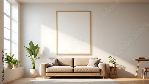 Beige Sofa in Minimalist Living Room with Blank Frame and Plants
