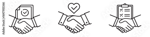Three handshake icons with checkmarks and document or heart symbols agreement deal