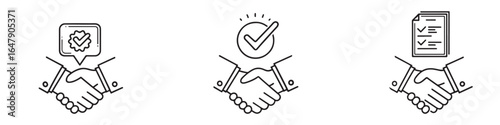 Three black line art icons of hands shaking with various symbols above handshake agreement