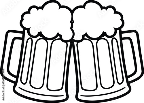 Two frothy beer mugs clinking together foam beverage