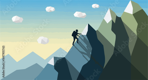 Mountain Climber Silhouette Ascending a Rocky Peak
