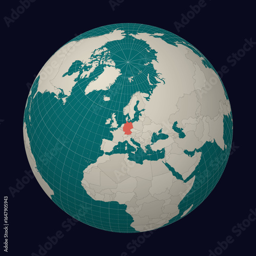 Germany on the map. Globe centered to Germany. Country location on the world map. Teal Pale Mint color palette. Globe with countries, meridians and parallels. Appealing vector illustration.