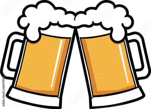 Two frothy beer mugs clinking together toast celebration