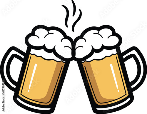 Two frothy beer mugs clinking together toast celebration