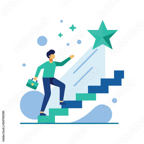 Man climbing stairs towards a shining star representing success and achievement