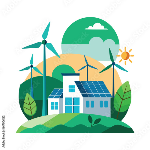 Sustainable living with wind turbines and solar panels on a green hillside