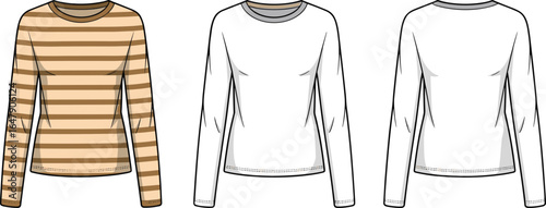 CAD drawing flat vector illustration, unisex long sleeve crewneck t‑shirt collection, striped and plain designs, front and back views, fashion technical sketch