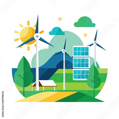 Green energy landscape with wind turbines and solar panels