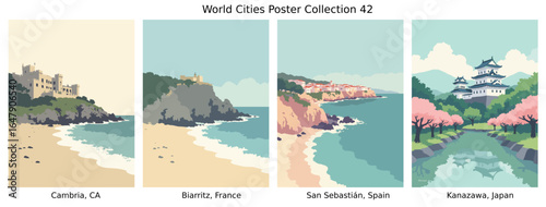 Cambria, CA , Biarritz, France , San Sebastián, Spain , Kanazawa, Japan  ci Flat Vector Poster Collection