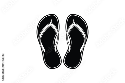 A pair of black and white flip flops on a plain background silhouette