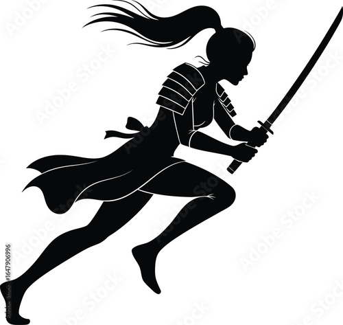 Dynamic Female Warrior Silhouette: A black and white vector illustration of a powerful woman running with a katana sword, perfect for gaming, martial arts, and fantasy projects.