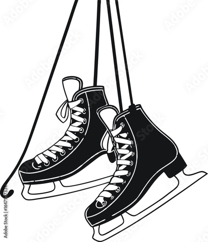 A pair of ice hockey skates with white laces and a blade on a white isolated background