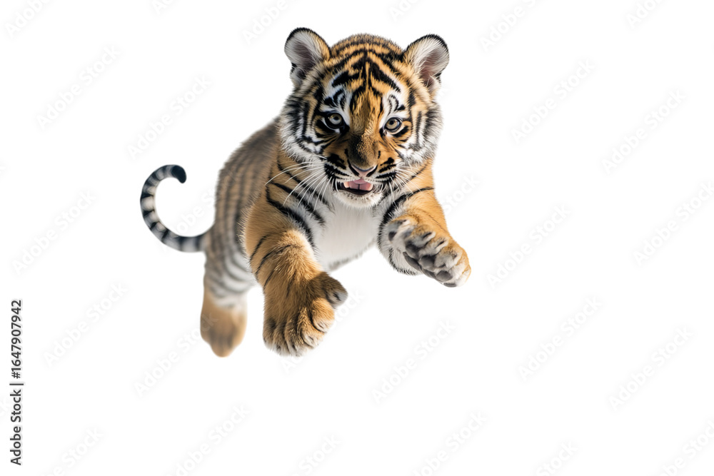 Naklejka premium A lively young tiger leaps playfully, showcasing its striking fur patterns.