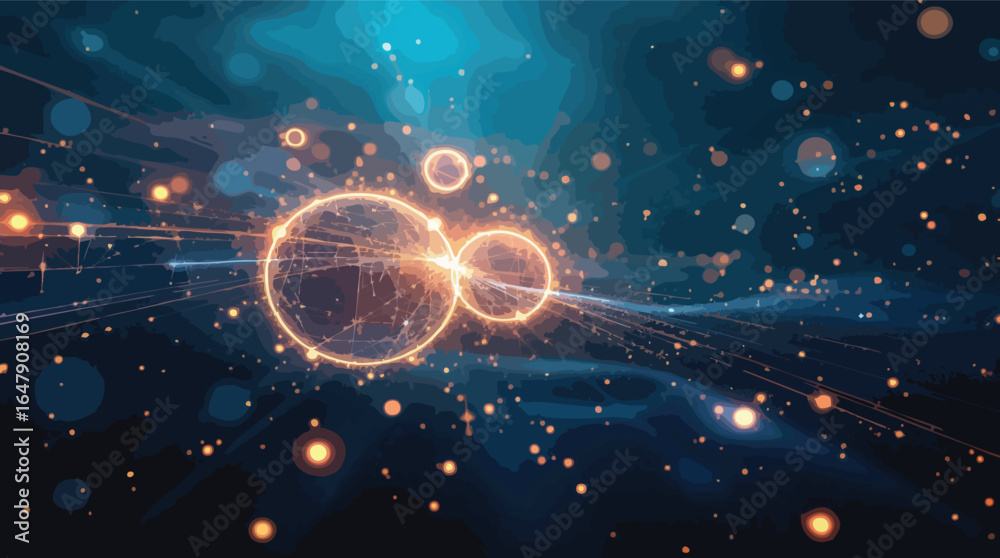 Obraz premium Abstract glowing network of spheres and lines in dark space with light particles technology.