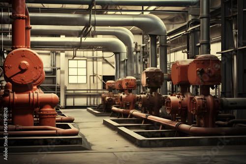 Industrial pumping station with red and silver pipes and machinery