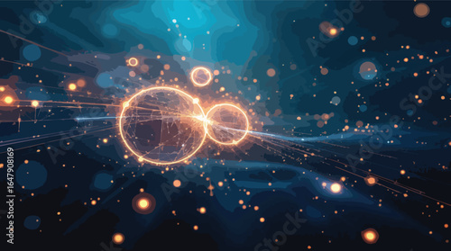 Abstract glowing network of spheres and lines in dark space with light particles technology.
