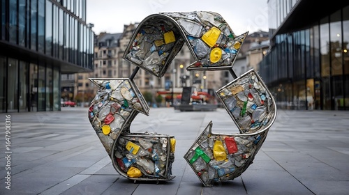 Sculpture artistique en forme de recyclage faite de dechets plastiques