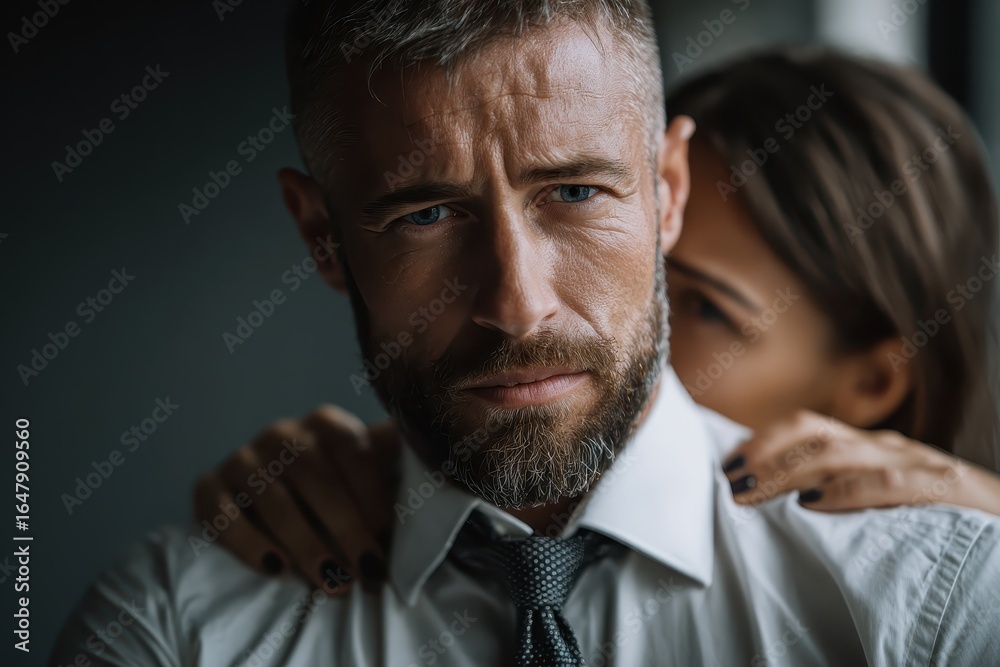 Obraz premium Close-up of a male employer showing protective demeanor while a woman closely leans in, highlighting intimate connection in a contemporary office setting