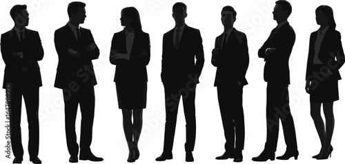 business team silhouette, formal attire vector, corporate professionals graphic, executive group illustration, black and white office scene, leadership concept icons